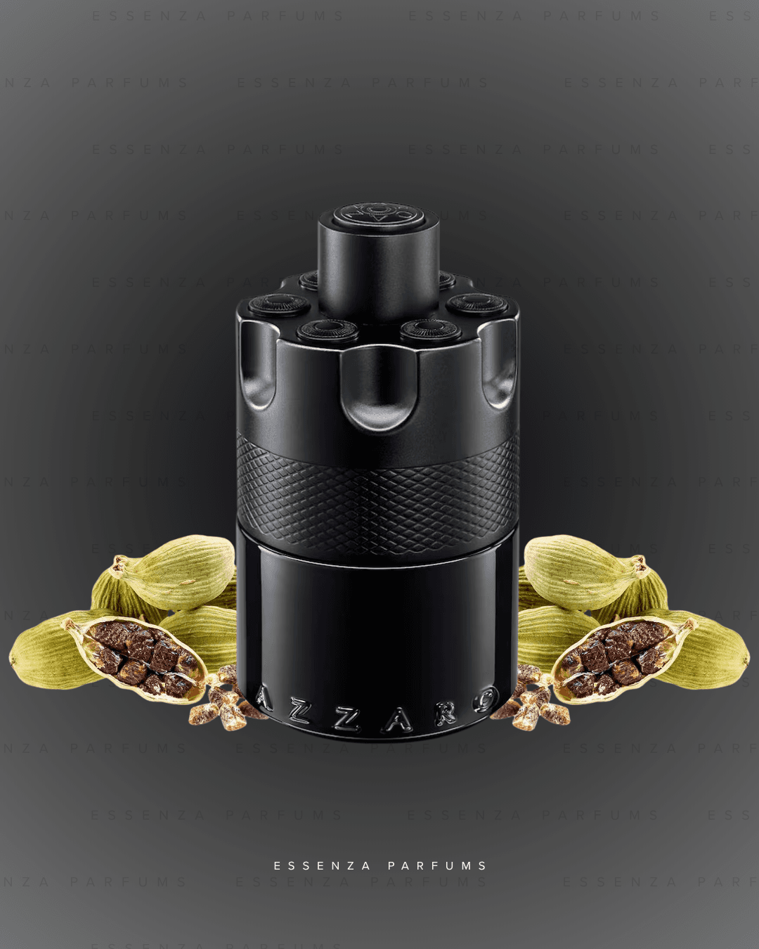 Frasco negro de The Most Wanted de Azzaro con vainas de cardamomo