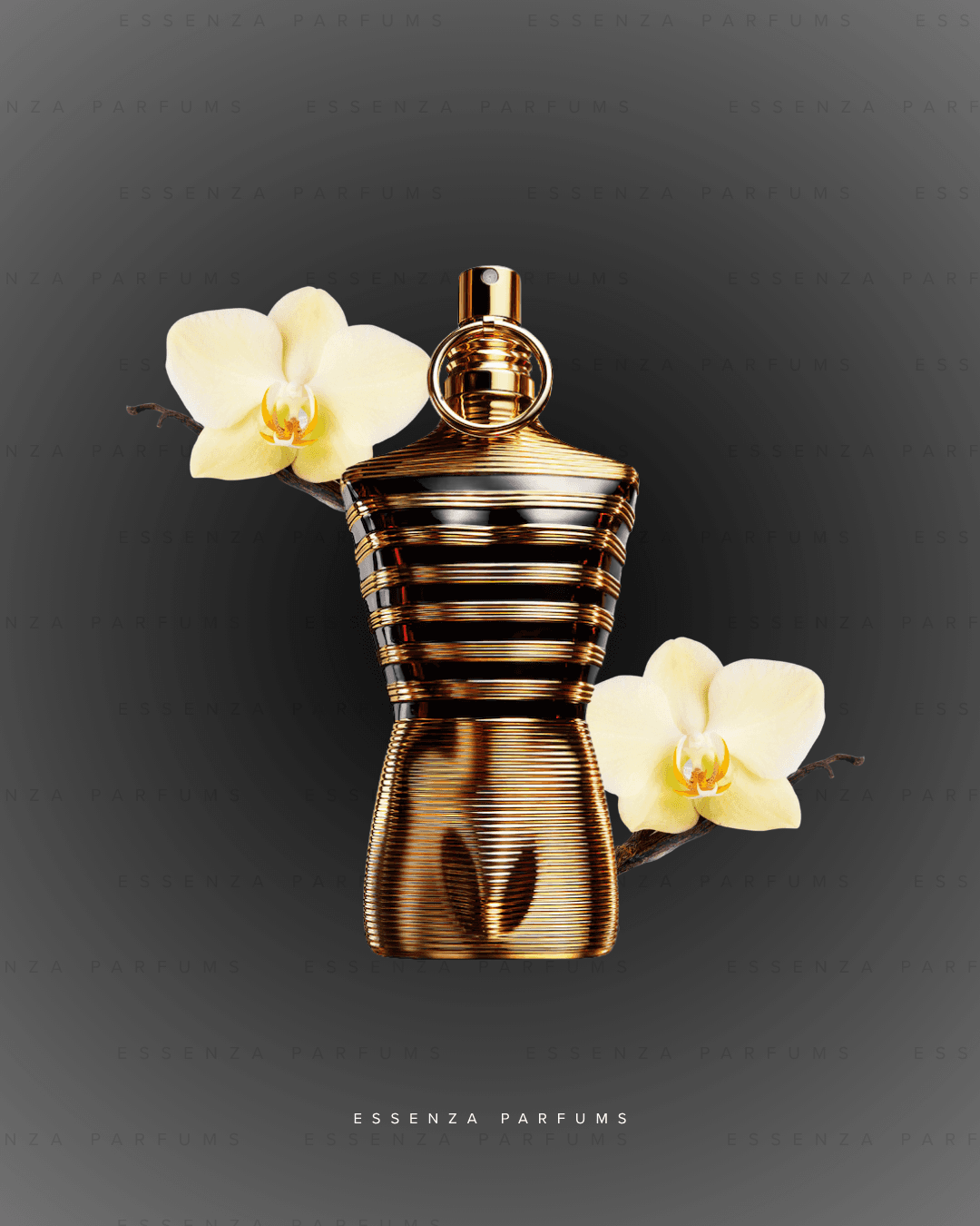 Frasco dorado de Le Male Elixir de Jean Paul Gaultier con orquídeas