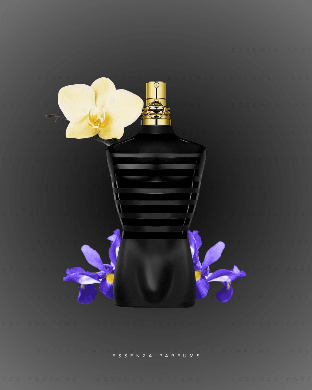 Frasco con forma de torso a rayas de Le Male de Jean Paul Gaultier con lirios