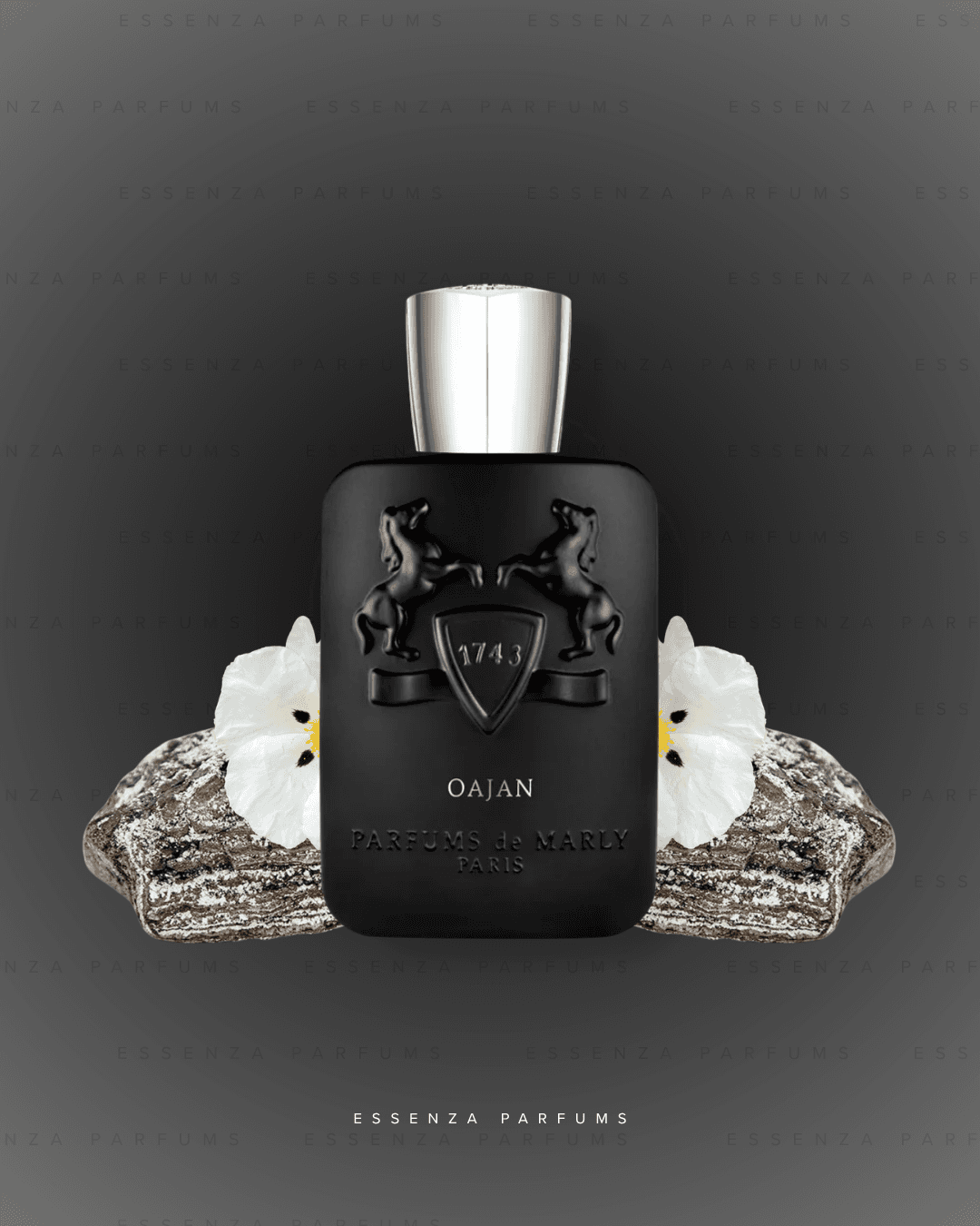 Frasco negro mate de Oajan de Parfums de Marly con flores de jara