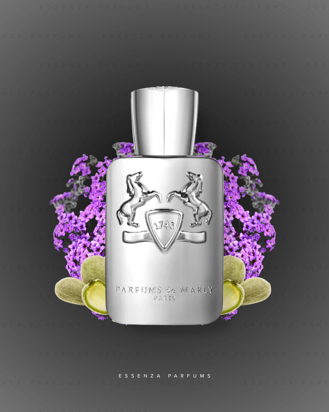Frasco plateado de Pegasus de Parfums de Marly con heliotropo y almendras