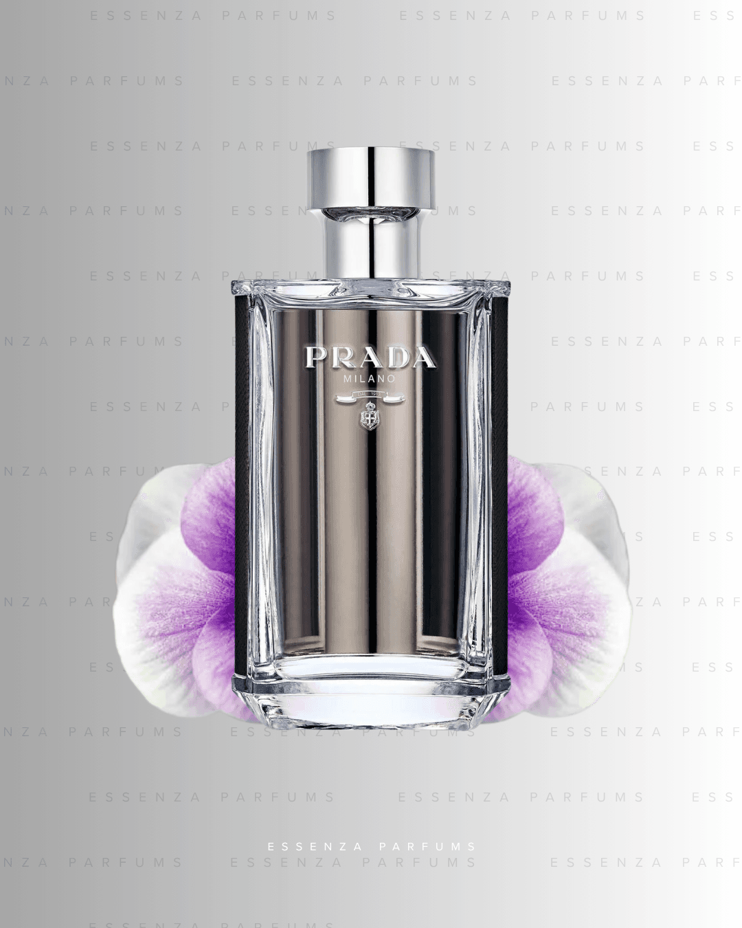 Frasco plateado de L'Homme de Prada con flores de iris