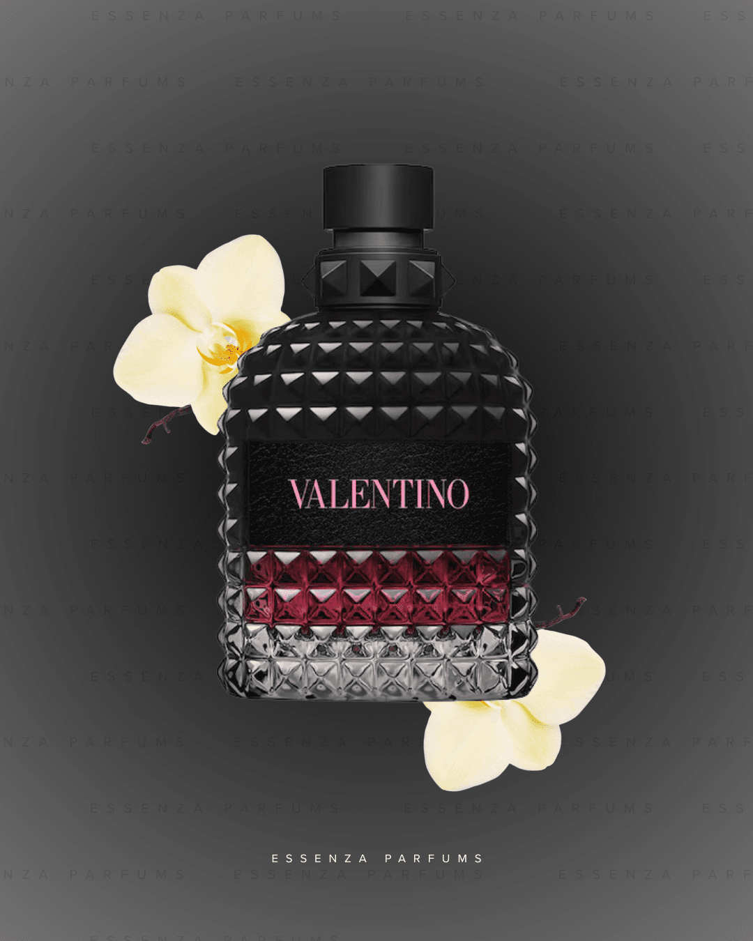 Frasco negro y vino de Valentino Uomo Born in Roma Intense con orquídeas