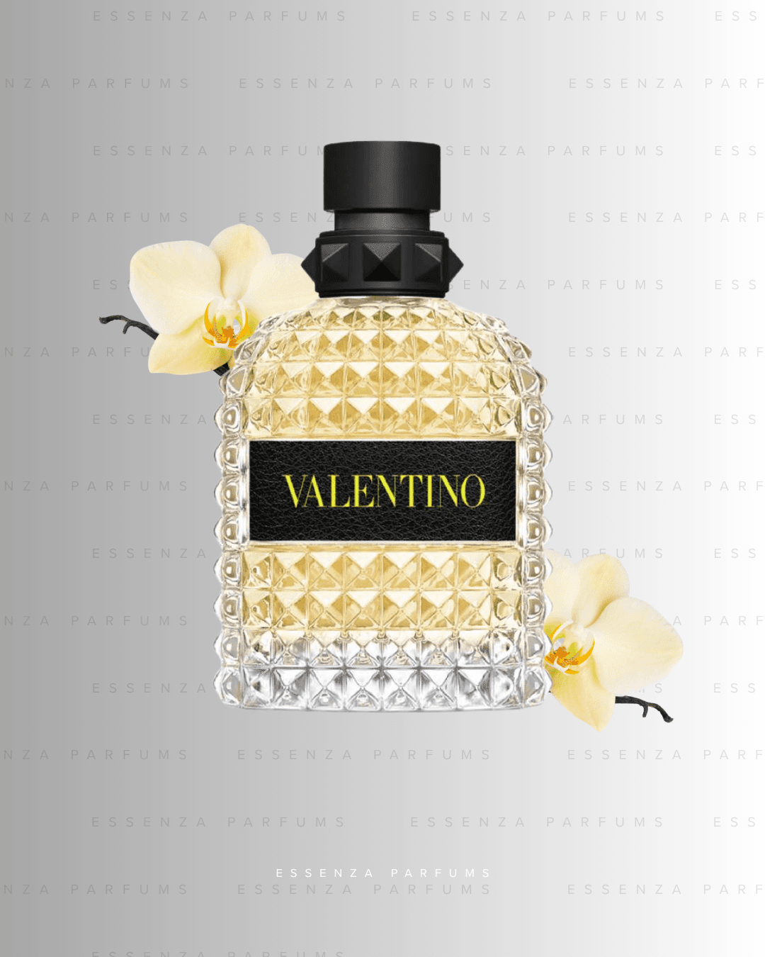 Frasco amarillo de Valentino Uomo Born in Roma Yellow Dream con orquídeas