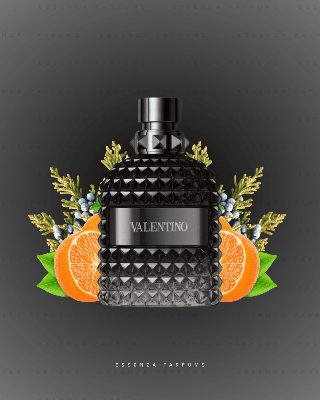 Frasco negro tachonado de Valentino Uomo Born in Roma con naranjas y bayas de enebro