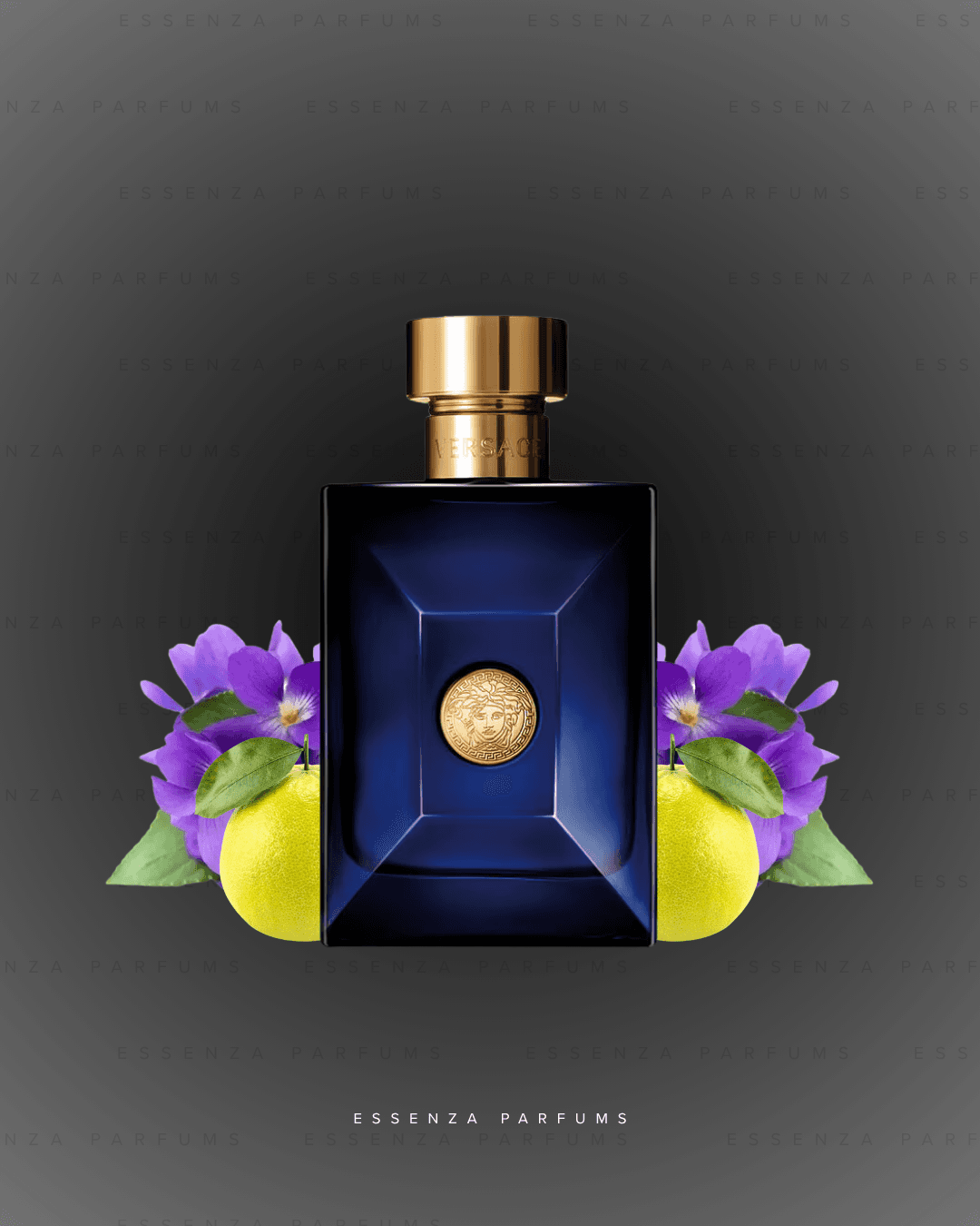 Frasco azul marino de Dylan Blue de Versace con violetas y cítricos