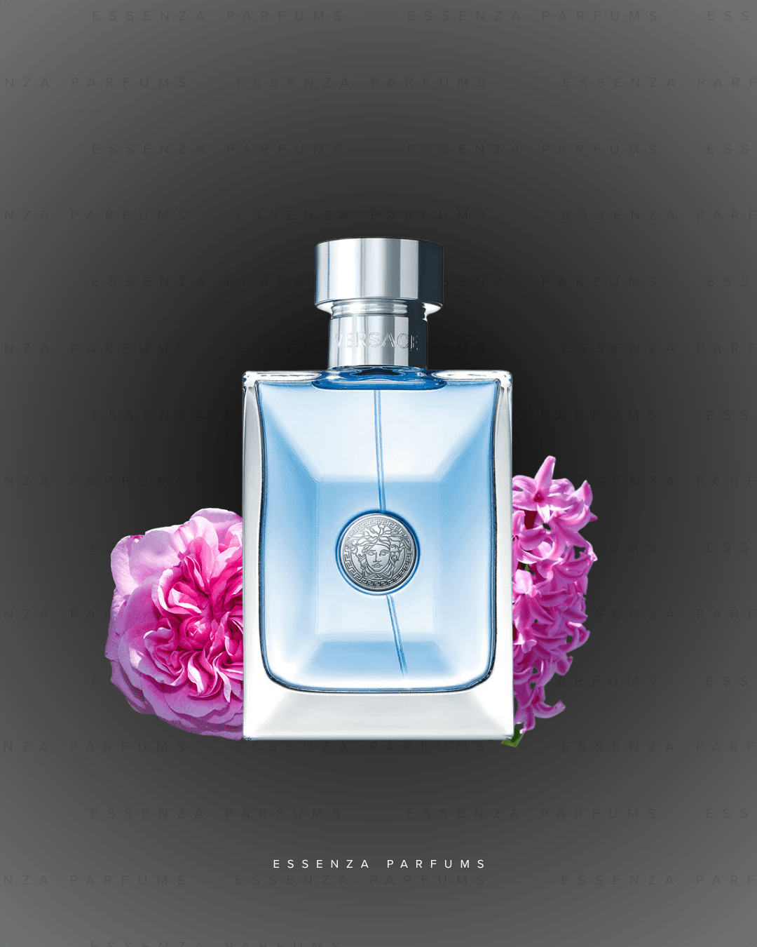 Frasco azul claro de Versace Pour Homme con rosas y jacintos