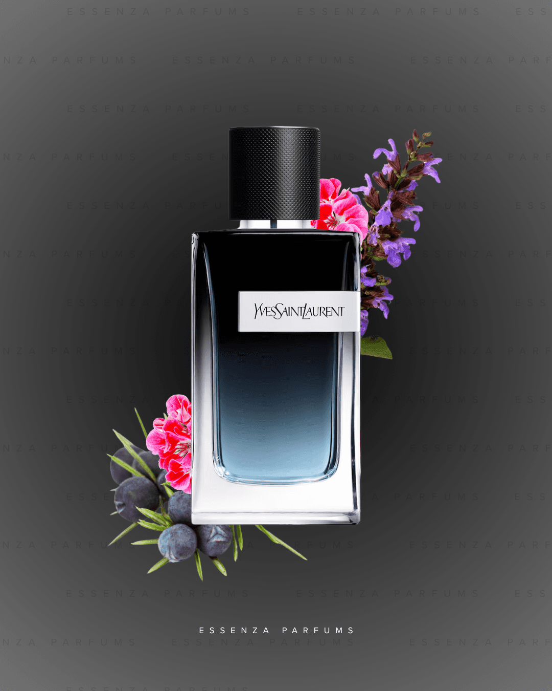 Frasco azul oscuro de Y Eau de Parfum de Yves Saint Laurent con salvia y geranio